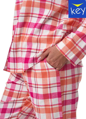Рожева зимня фланелева тепла жіноча піжама у клітинку lns 437 big рубашка + брюки Key