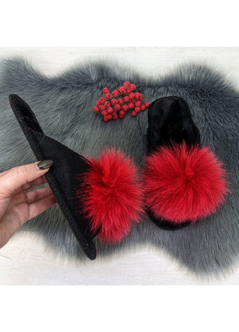 Красные тапочки женские войлочные для ламината с натуральным мехом Slippers с помпонами