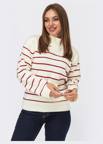 Молочний зимовий светр молочного кольору в червону смужку з коміром Dressa