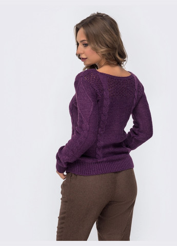 Фиолетовый зимний ажурный свитер с вырезом "лодочка" фиолетовый Dressa