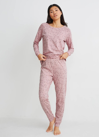 Розовая всесезон пижама в принт (лонгслив, штаны) C&A