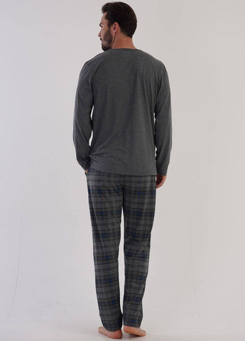 Пижама мужская (лонгслив, штаны) Vienetta лонгслив + брюки клетка серая домашняя хлопок