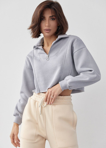 Сірий короткий жіночий світшот із блискавкою на горловині Lurex (266267140)