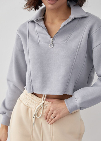 Сірий короткий жіночий світшот із блискавкою на горловині Lurex (266267140)