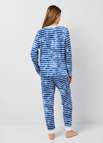 Синяя всесезон пижама женская больших размеров лонгслив + брюки Роза