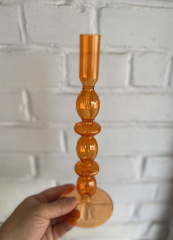 Подсвечник праздничный REMY-DEСOR стеклянный Молди оранжевого цвета для тонкой свечи высота 27 см декор дома REMY-DECOR (266345135)