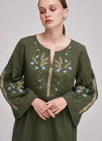 Оливкова (хакі) кежуал жіноча сукня з вишивкою "колосся" MEREZHKA з квітковим принтом