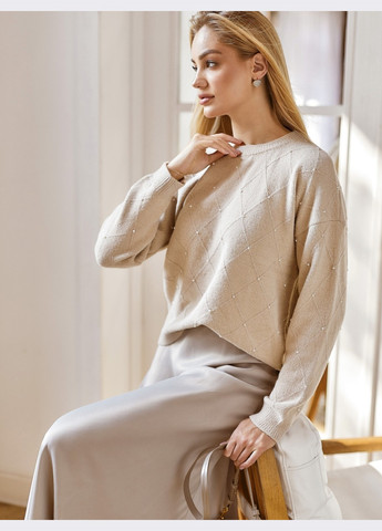 Бежевий зимовий светр бежевого кольору з ромбоподібним візерунком Dressa