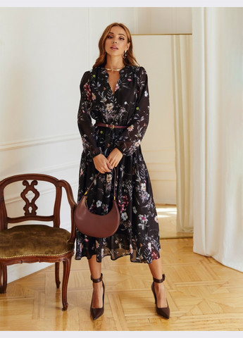 Чорна чорна сукня-кльош із шифону в квітковий принт Dressa