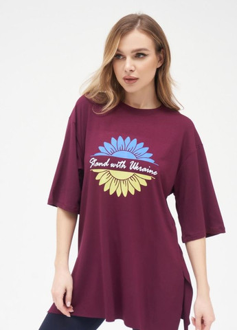 Бордовая летняя бордовая трикотажная удлиненная футболка с разрезами ISSA PLUS