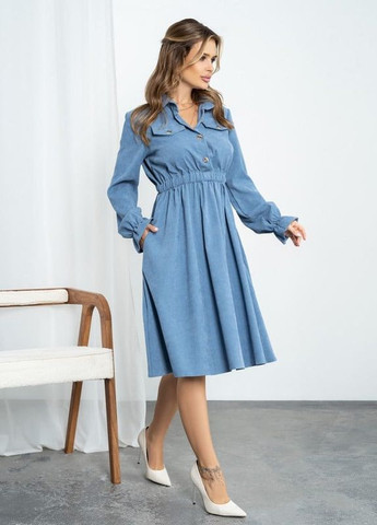 Синя вельветова сукня-сорочка з довгими рукавами ISSA PLUS (266783512)