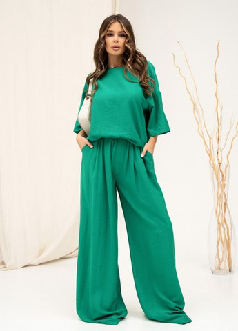 Зеленый льняной костюм с широкими брюками ISSA PLUS (259568667)