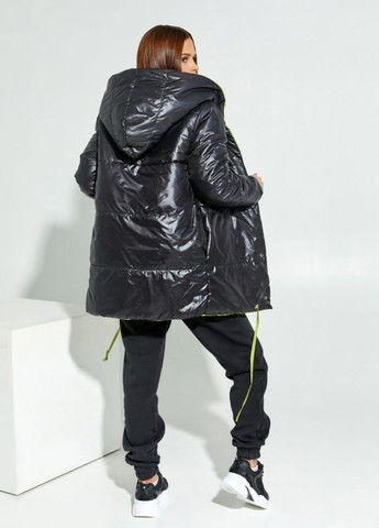 Комбинированная демисезонная черно-салатовая двусторонняя куртка с капюшоном ISSA PLUS