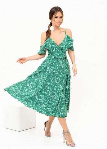 Летний женский зеленый сарафан с воланами на плечах ISSA PLUS однотонный