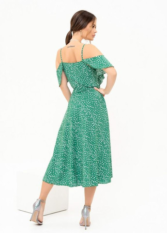 Летний женский зеленый сарафан с воланами на плечах ISSA PLUS однотонный