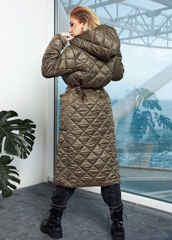 Оливковое (хаки) демисезонное Стёганое пальто с капюшоном Liton