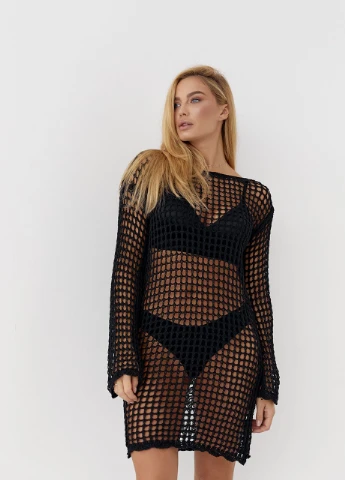 Черное вязаное платье-туника в технике кроше Lurex
