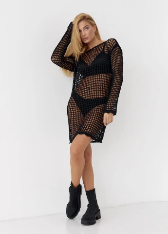 Черное вязаное платье-туника в технике кроше Lurex