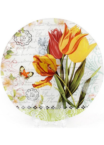 Набор 6 стеклянных тарелок "Букет тюльпанов", обеденные тарелки Ø25х2,4 см Bona (267148994)