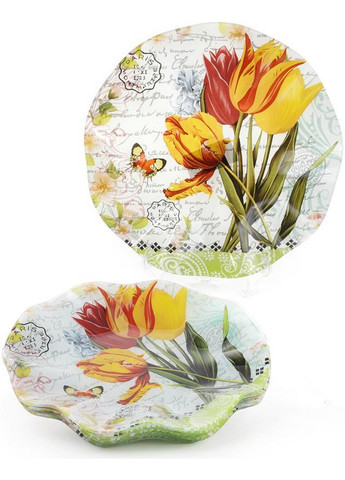 Набор 6 стеклянных тарелок "Букет тюльпанов", подставные тарелки Ø30х3,5 см Bona (267149900)