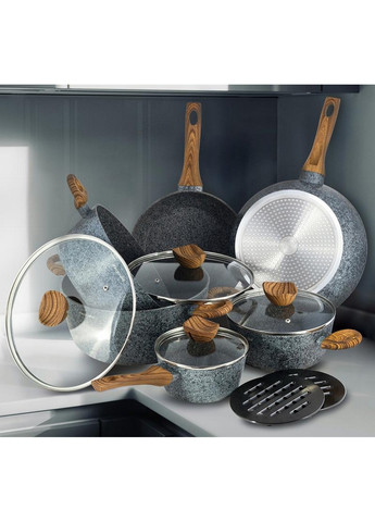 Набір кухонного посуду Grey Marble 12 предметів, алюміній Ø20 см, Ø24 см, Ø28 см, Ø16х8 см, Ø28 см, Ø24 см Kamille (267150041)