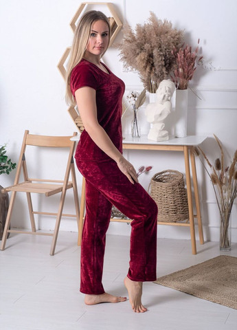 Темно-красная всесезон женская пижама из плюш-велюра xxl+ п1311 марсала MiaNaGreen