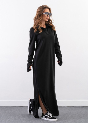 Черное повседневный черное длинное платье с воротником-поло ISSA PLUS однотонное