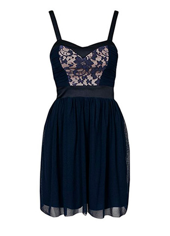 Темно-синя святковий жіноча міні сукня з відкритими плечима, кльош, бебі долл, з спідницею-сонце, з пишною спідницею, плісована, з відкритою спиною Elise Ryan однотонна
