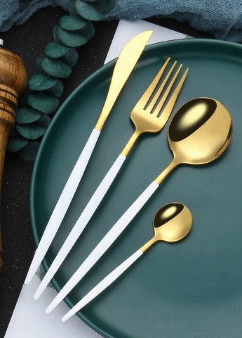 Вилка столова золотого кольору з білою ручкою з нержавійки. Прилади для ресторанів кафе та будинку REMY-DECOR (267897082)