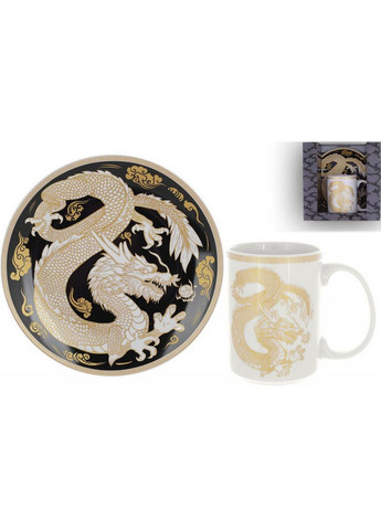 Чайна порцелянова пара "Золотий Дракон на чорному" кружка, тарілка BonaDi (268460897)