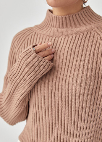 Світло-коричневий зимовий короткий в'язаний светр у рубчик з рукавами-регланами Lurex