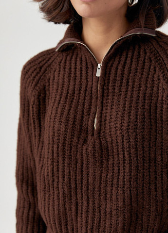 Коричневий зимовий жіночий трикотажні светри oversize з коміром на блискавці Lurex