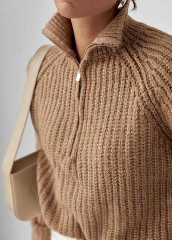 Светло-коричневый зимний женский вязаный свитер oversize с воротником на молнии Lurex