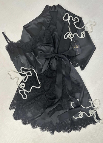 Чорна всесезон шовковий домашній комплект шортики+майка+халат шовк з мереживом (трійка) 48 чорний (17111-172/8) Ghazel