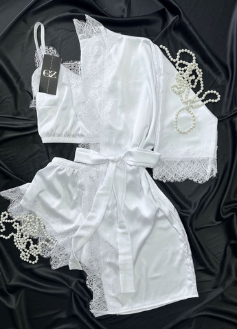 Белая всесезон шелковый домашний комплект шортики+майка+халат шелк с кружевом тройка 46 белый_белый (17111-169) Ghazel