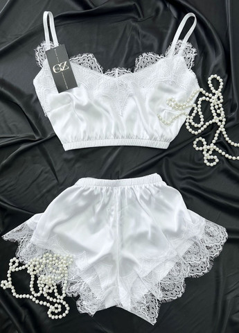 Голубая всесезон шелковый домашний комплект шортики+майка+халат шелк с кружевом тройка 50 голубой_белый (17111-169/8) Ghazel