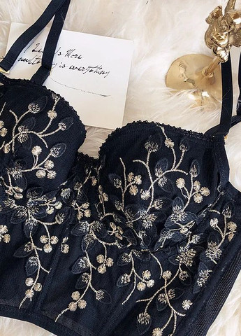 Черный демисезонный комплект белья бюстье корсет цветочная вышивка сеточка Veronica