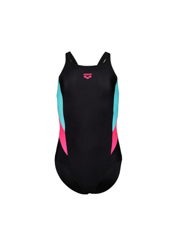 Комбинированный демисезонный купальник закрытый для девочек swimsuit v back panel черный, розовый, бирюзовый дет Arena