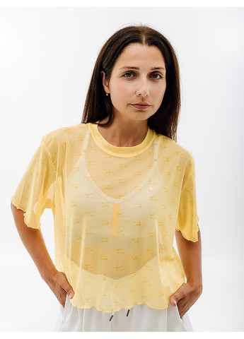 Жовта літня жіноча футболка w nsw air aop mesh ss crop top жовтий Nike