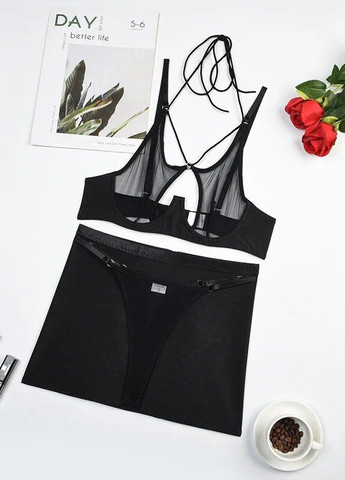 Черный демисезонный сексуальный комплект белья черная сеточка юбка завязки Veronica
