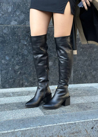 Черные осенние ботфорты женские кожаные Fashion