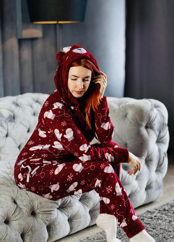 Светло-красная зимняя пижама комбинезон Pijamoni Попожама різдво (комбінезон з карманом на попі, піджамоні) - кигурумі