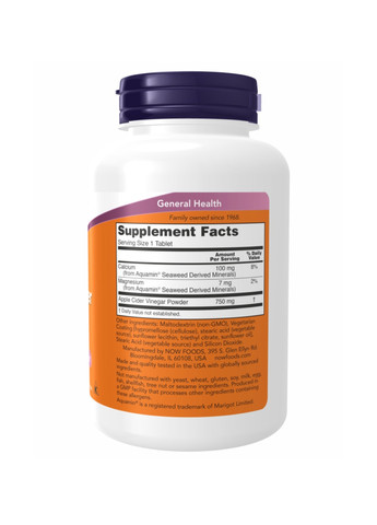 Яблучний органічний оцет для імунітету Apple Cider Vinegar 750 mg - 180 tabs Now Foods (269117630)