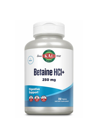 Бетаїн для травлення Betaine HCl Plus 250mg - 250 tabs KAL (269117658)
