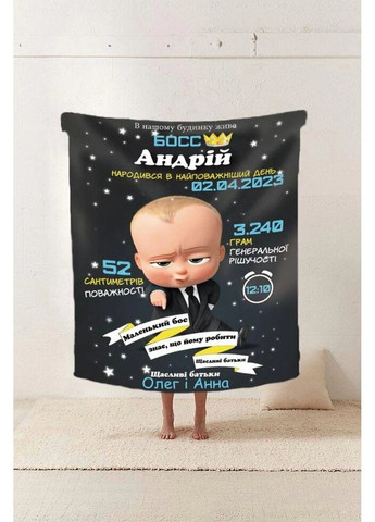 Плед 3D зі своїми побажаннями з метрикою "У нашому будинку живе БОСС" для хлопчика 20222392_C 11593 80х100 см Fashion (269137265)