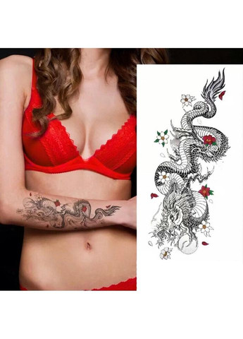 Тимчасовий тату водостійкий 3D великий Дракон з квітами XQB-327 20х8 см No Brand (269368912)