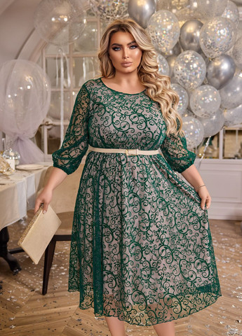 Зелена святковий святкова сукня з поясом дзвін No Brand з орнаментом