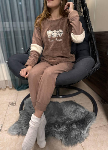 Бежева зимня піжама жіноча "" мавпочки фліс, бежева r2 кофта + брюки Favor