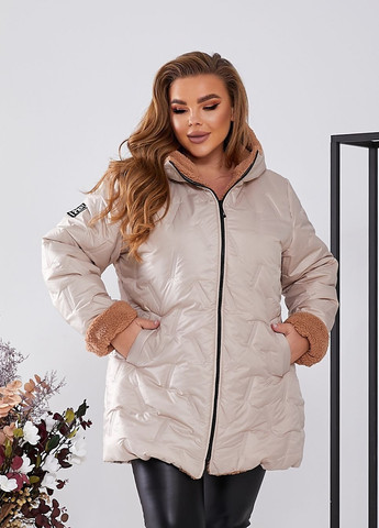 Бежевая зимняя удлиненная зимняя куртка с искусственным мехом No Brand