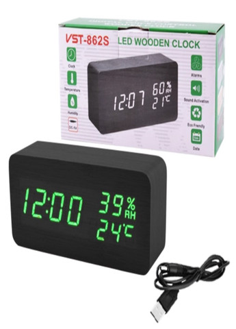 Електронний LED годинник з зеленим підсвічуванням з гігрометром і термометром -862S VST (269696694)
